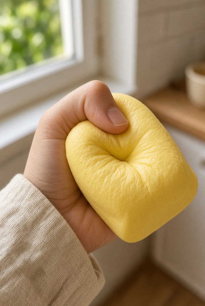 En hand klämmer en gul butter squishy